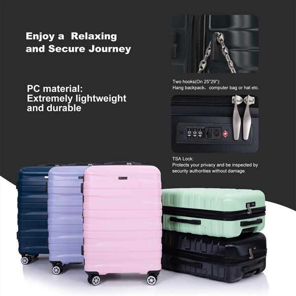 件套行李箱套装 PC 轻便耐用可扩展手提箱，带两个挂钩、双旋转轮、TSA 锁，(21/25/29) 黑色-17