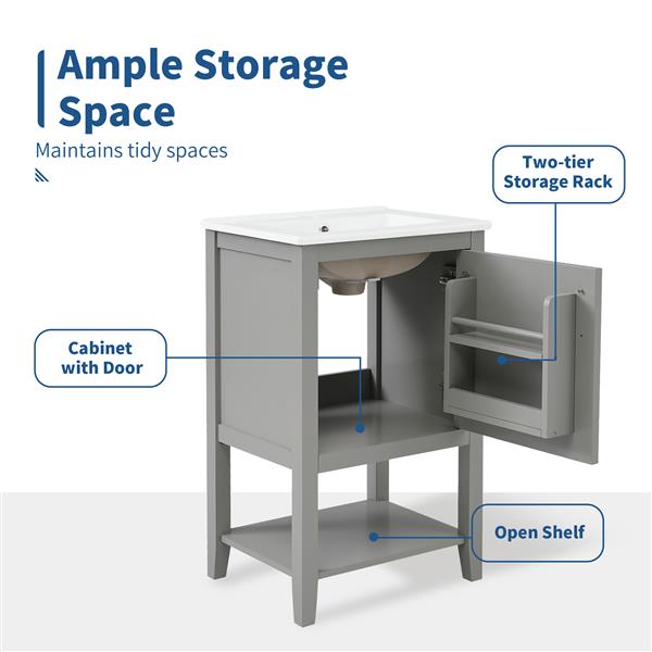 20 英寸浴室盥洗台，带水槽，浴室柜，带软关闭门、储物架和开放式搁板，灰色-14