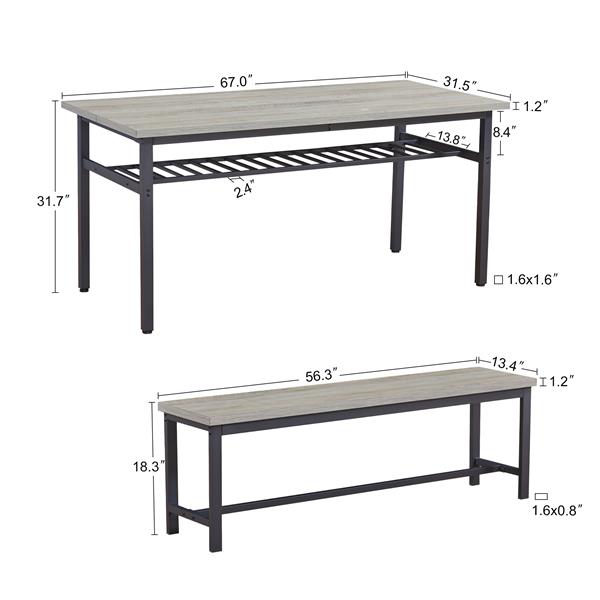 超大 6 人餐桌套装，3 件套厨房餐桌带 2 个长凳，适用于家庭厨房、餐厅的餐桌套装，乡村灰色，67 英寸长 x 31.5 英寸宽 x 31.7 英寸高。-8