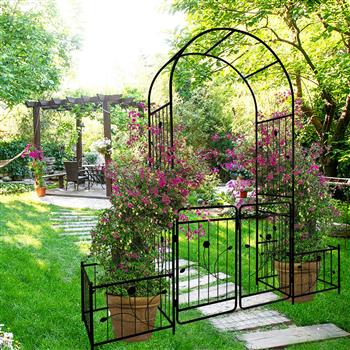 带门的金属花园拱门 79.5 英寸宽 x 86.6 英寸高 攀缘植物支撑玫瑰拱门 户外黑色
