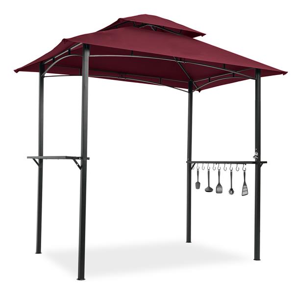 户外烧烤凉亭 8 x 5 英尺，遮蔽帐篷，双层软顶天篷和钢架，带挂钩和吧台，酒红色-2