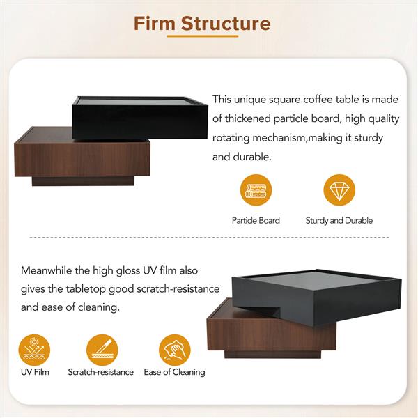 多功能方形 360° 旋转咖啡桌，带 2 个抽屉，高光泽 2 层中心桌，带旋转桌面和储物空间，胡桃木桌架边桌，适用于客厅，黑色-7