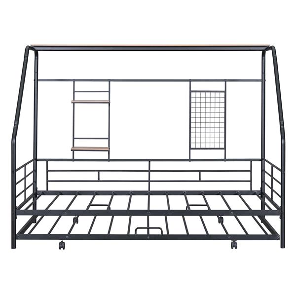 带滚轮的双人金属房屋床，黑色-18