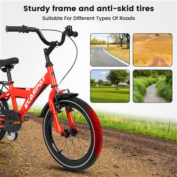A16115 16 英寸儿童自行车，适合男孩和女孩，配有训练轮，自由式儿童自行车配有挡泥板和车架。