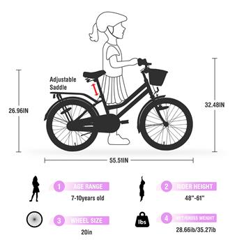 多种颜色，带篮子的女童自行车，适合 7-10 岁儿童，20 英寸车轮，不含辅助轮