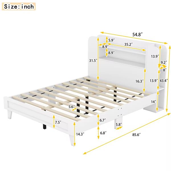 全尺寸平台床，带储物床头板，两侧有多个储物架，白色-6