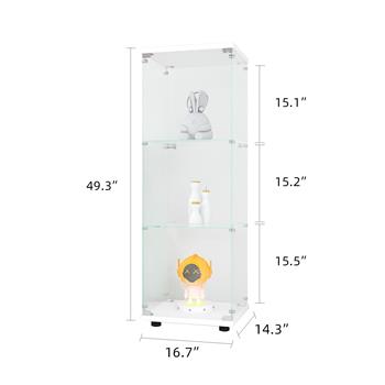 带 3 个搁板的玻璃展示柜，单门珍奇柜，适用于客厅、卧室、办公室，白色落地式玻璃书架，快速安装