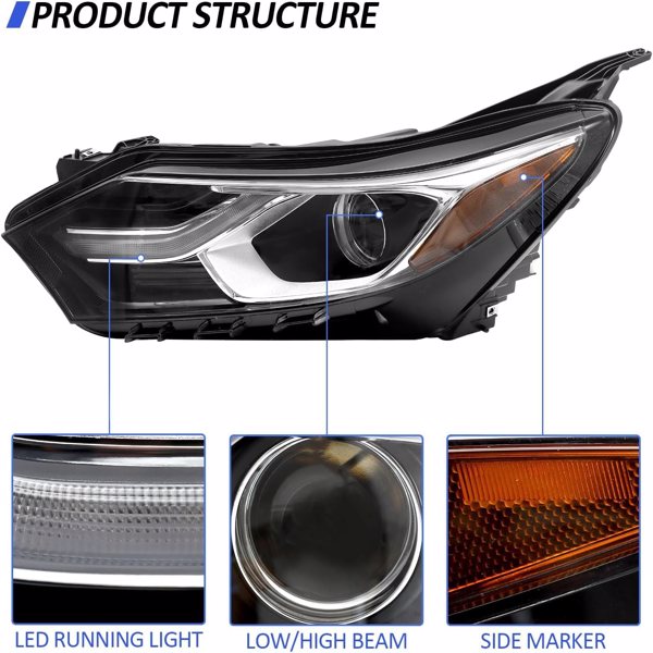 FBA仓发货，2018-2021 Chevy Equinox 美版 LED+卤素大灯 黑框白罩橙反射器，不含灯泡，左-5