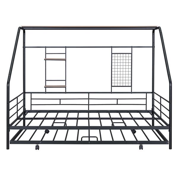 全尺寸金属房屋床，配有滚轮，黑色-6