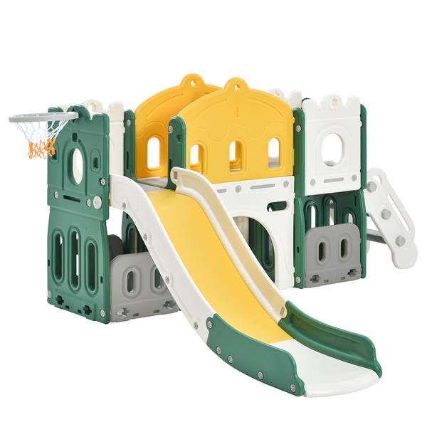 儿童滑梯玩具组合结构，带滑梯和篮球架的独立式城堡攀爬架，幼儿玩具收纳架，儿童攀爬游戏屋，适用于室内外游乐场活动-6