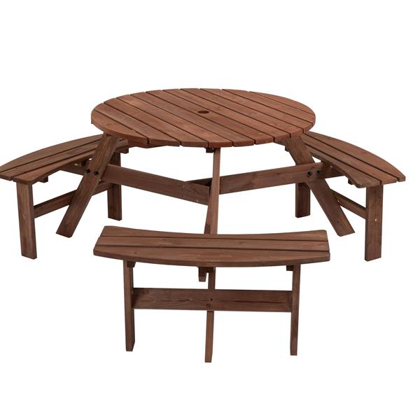 6 人圆形户外木制野餐桌，适用于露台、后院、花园、DIY，带 3 个内置长凳，容量 1720 磅 - 棕色-6