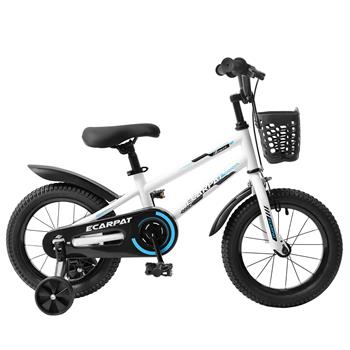 16 英寸儿童自行车，适合男孩和女孩，配有训练轮，自由式儿童自行车，配有铃铛、篮子和挡泥板。