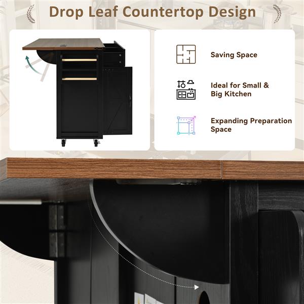 53.5''农舍厨房岛，带电源插座，厨房储物岛，带翻板、调料架和抽屉，带轮子的滚动厨房推车，适用于家庭、厨房和餐厅，黑色-13
