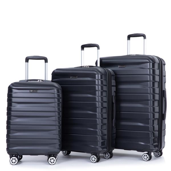 件套行李箱套装 PC 轻便耐用可扩展手提箱，带两个挂钩、双旋转轮、TSA 锁，(21/25/29) 黑色-21
