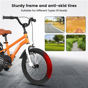 A16114 16 英寸儿童自行车，适合男孩和女孩，配有训练轮，自由式儿童自行车带挡泥板。