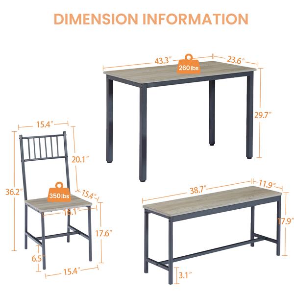 餐桌套装，带 2 个长凳 2 个靠背椅的酒吧凳餐桌，适用于厨房早餐桌、客厅、聚会室的工业餐桌，质朴的灰色和黑色，43.3 英寸长 x 23.6 英寸宽 x 29.9 英寸高-12