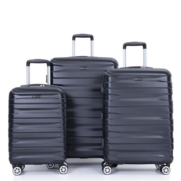 件套行李箱套装 PC 轻便耐用可扩展手提箱，带两个挂钩、双旋转轮、TSA 锁，(21/25/29) 黑色-22
