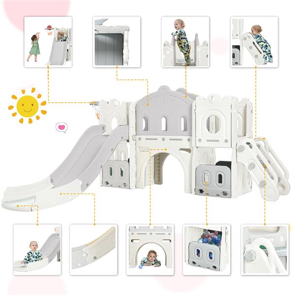 儿童滑梯玩具组合结构，带滑梯和篮球架的独立式城堡攀爬架，幼儿玩具收纳架，儿童攀爬游戏屋，适用于室内外游乐场活动-6