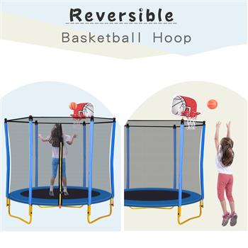 5.5 英尺儿童蹦床 - 65 英寸室内外迷你幼儿蹦床，带围栏、篮球架和球