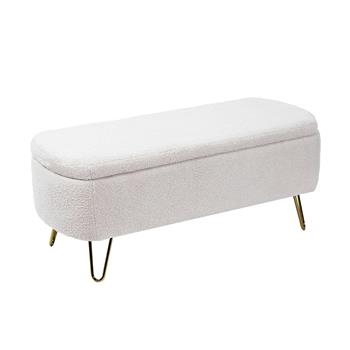 象牙白色储物凳凳，适用于床尾金色腿，现代象牙白色人造毛皮入口长凳，带软垫和储物空间，适用于客厅卧室