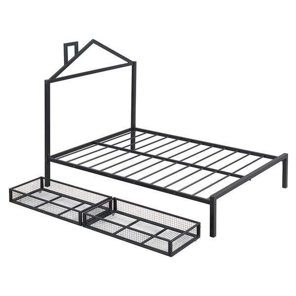 全尺寸金属平台床，带两个抽屉，房屋形床头板设计，黑色-7