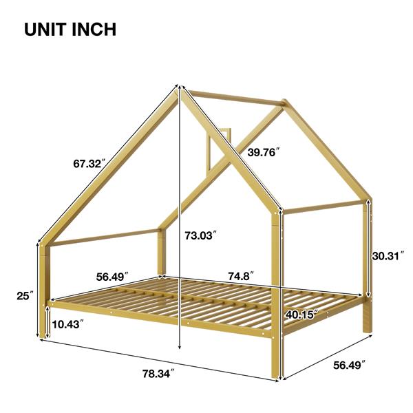 全尺寸金属房屋平台床，带屋顶和烟囱，金色-6