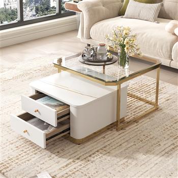 现代 2 件式白色方形嵌套咖啡桌，带抽屉和镀金桌腿，27.6 英寸