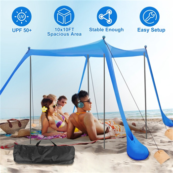 海滩帐篷 弹出式遮阳篷 10x10ft 遮阳篷 便携式家庭 UPF50+ 带 4 个沙袋-4 根铝制杆-4 x 绳索-携带包，适用于户外露营、钓鱼、后院野餐（周末不发货）。
