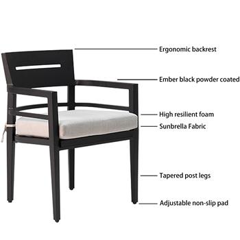 5 件套户外露台铝制家具，现代餐桌套装，包括 4 把带 Sunbrella 织物软垫的餐椅和 40 英寸带伞孔的方形餐桌，Ember Black