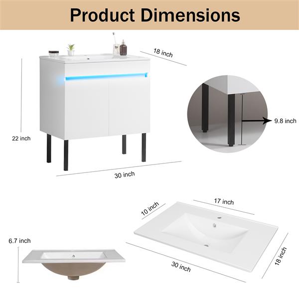 30 英寸浴室盥洗台，带水槽、雷达感应灯、大储物空间和金属支腿，壁挂式/立式浴室盥洗台水槽，白色-15