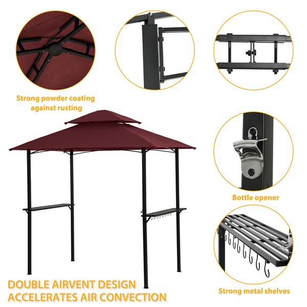 户外烧烤凉亭 8 x 5 英尺，遮蔽帐篷，双层软顶天篷和钢架，带挂钩和吧台，酒红色-6