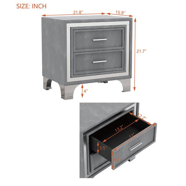 卧室用 2 抽屉床头柜，带金属腿，中世纪床头柜，除腿和把手外完全组装，天鹅绒床头柜-灰色-6