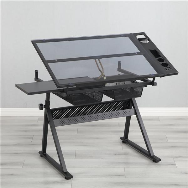 黑色可调节钢化玻璃绘图印刷桌带椅子-12