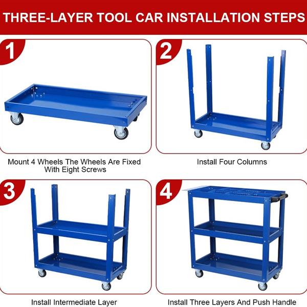 工具车，3 层滚动机械工具车，重型钢制多用途推车，带可锁定轮子，450 磅容量工业服务推车，适用于车库、仓库、车间（蓝色）-7