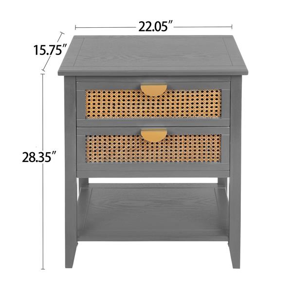 2 个抽屉边桌，天然藤条，边桌，适用于卧室、客厅、书房-18