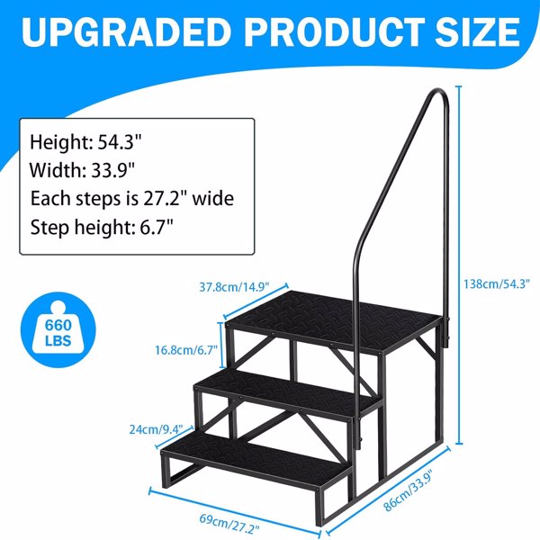 RV Step Stool, 3 Step Ladder, Hot Tub Steps with Handrail, Portable Pool Ladder, 660Lbs Heavy Duty Ladder Shelf Outdoor Mobile Home Stairs for Camper/Porch/SPA Pool/Pet Stairs-2