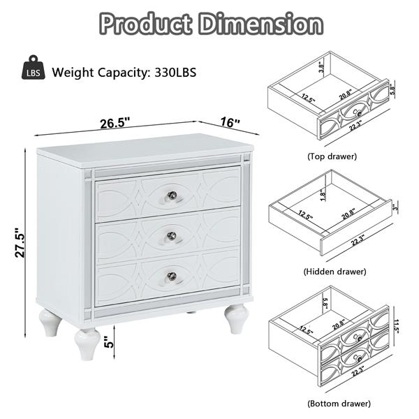 带镜框装饰的现代床头柜，带两个抽屉和一个隐藏抽屉的床头柜，带水晶拉手的茶几，适用于客厅、卧室，白色-8