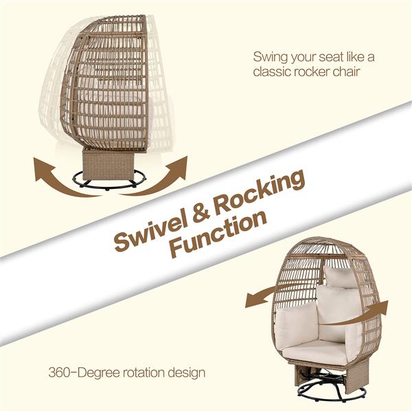 带垫子的户外旋转椅，藤制蛋形露台椅，带摇摆功能，适用于阳台、泳池边和花园（天然柳条 + 米色垫子）-15
