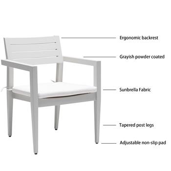 户外露台铝制固定餐椅 4 件，带户外级 Sunbrella 织物坐垫，锥形脚，灰色