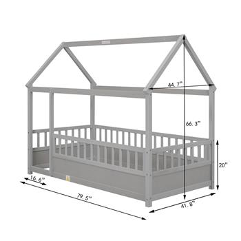 带屋顶框架、栅栏护栏的双人地板木床，灰色