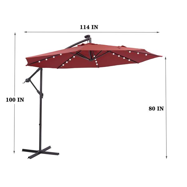 10 英尺太阳能 LED 露台户外遮阳伞悬挂式悬臂遮阳伞偏置遮阳伞易于打开调节，配有 32 个 LED 灯-16