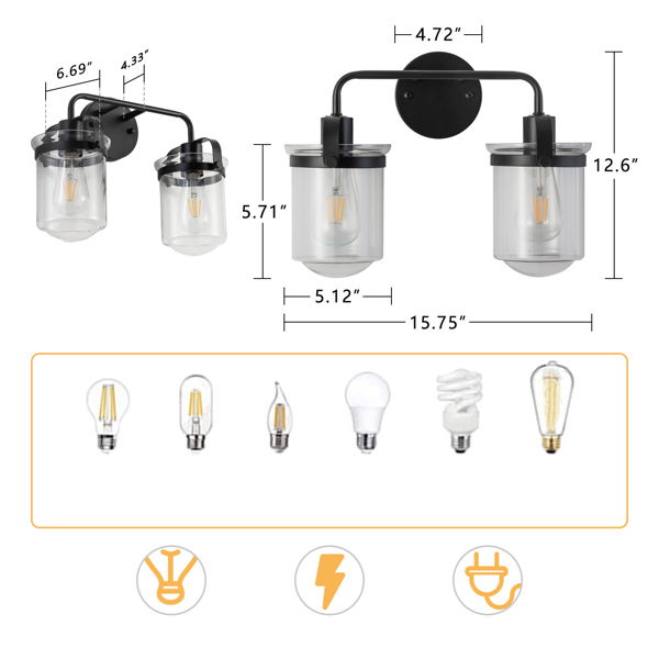 ll Sconce一套2件，带透明玻璃灯罩，现代ll Sconce，浴室用工业室内ll灯具客厅厨房水槽上方卧室，E26插座，不包括灯泡【周末无法发货，请谨慎下单】-16