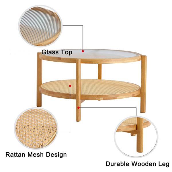 现代简约圆形双层实木茶几藤条编织中式边桌小圆桌适合客厅餐厅卧室-12