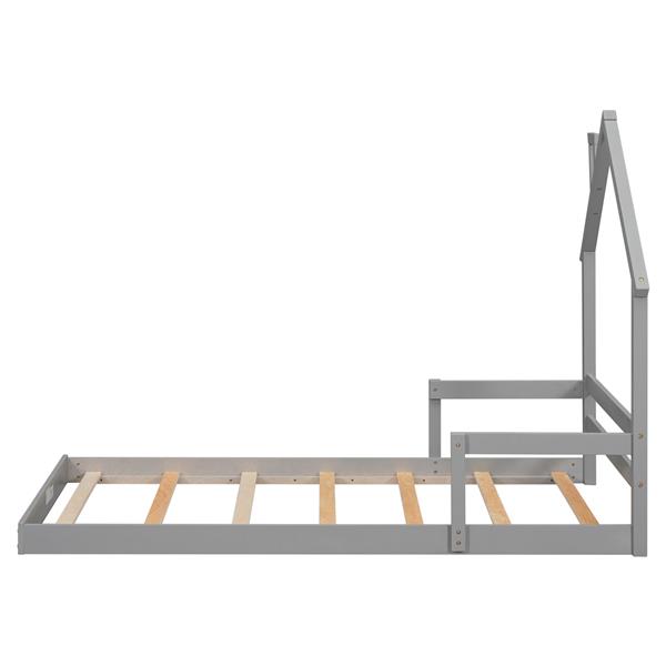 双层房屋形床头地板床，带扶手、板条，灰色-2