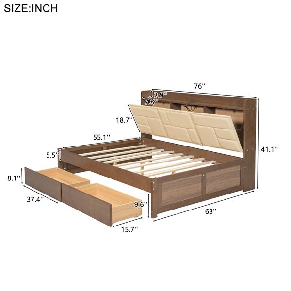 全尺寸木质沙发床，配有软垫储物架、USB 端口和 2 个抽屉，原木色-8