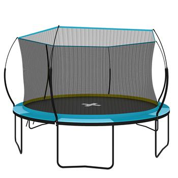 14FT 休闲蹦床带围栏，适合儿童和成人使用，配有专利玻璃纤维弯曲杆，南瓜蓝色