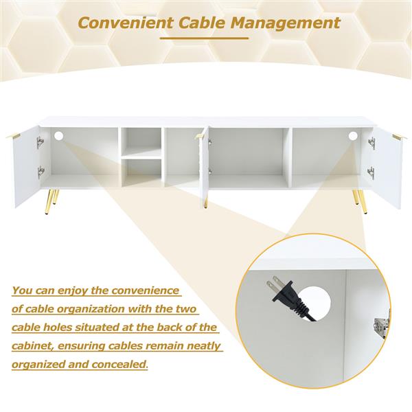 时尚现代简约几何电视柜，带金属把手和金色支脚，适用于最大 80 英寸的电视，带储物柜的多功能电视架，客厅娱乐中心，白色-16