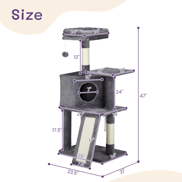 47inch 深灰 猫抓板+梯形猫屋+单猫窝跳台 绒布+剑麻 猫爬架-21