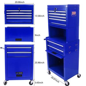 带轮子和抽屉的高容量滚动工具箱，6 抽屉工具储物柜--蓝色