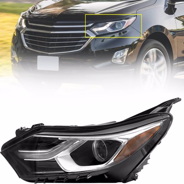 FBA仓发货，2018-2021 Chevy Equinox 美版 LED+卤素大灯 黑框白罩橙反射器，不含灯泡，左-4